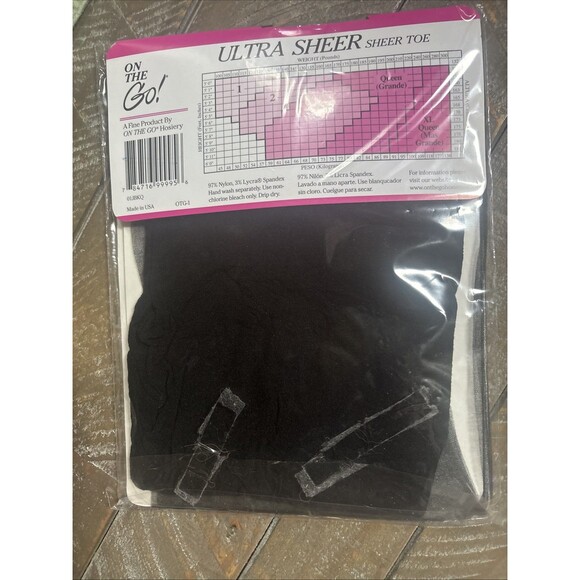 On The Go! Queen Size Jet Black Ultra Sheer Pantyhose & Toe Women NEW Hosiery - Picture 2 of 3